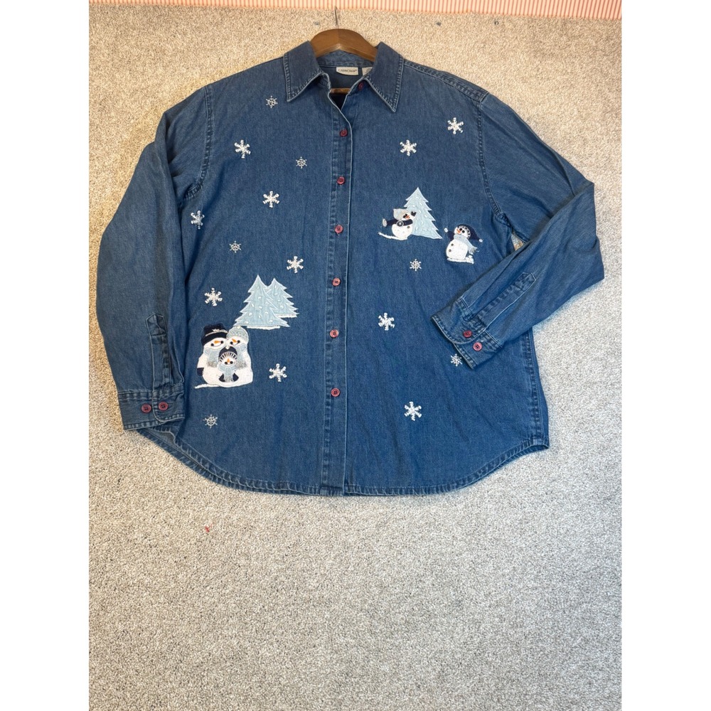 Cabin Creek Womens Large Denim Button Down Shirt Snowman Christmas Vintage Blue